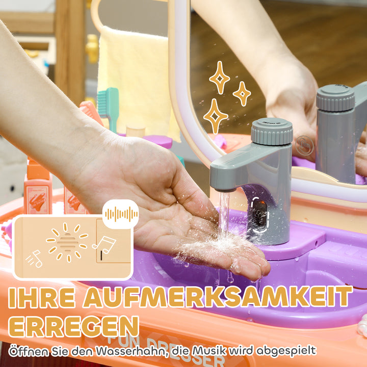 Børne-sminkebord med led-spejl, musik, vandhane, akrylspejl, lilla, 55 x 29 x 71 cm