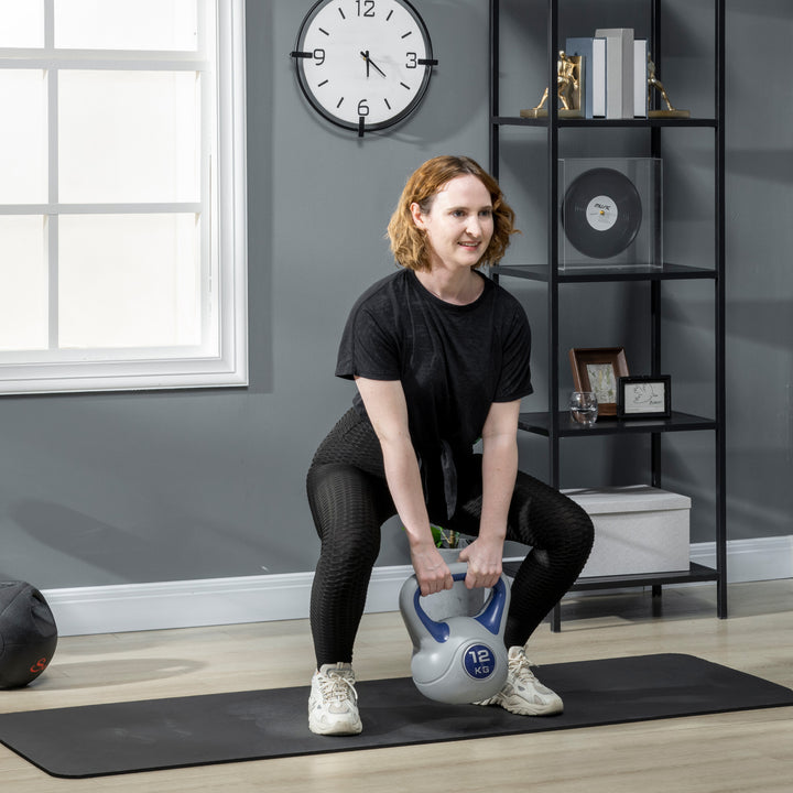 Kettlebell, 12 kg, flad bund, stort håndtag, plastbelægning, blå, 24 x 17 x 28 cm