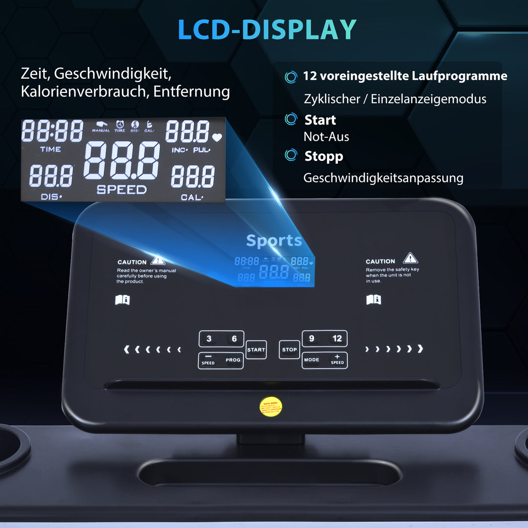 Foldbart løbebånd med 12 programmer og mobiltelefonholder 71 x 128 x 122 cm stål sort