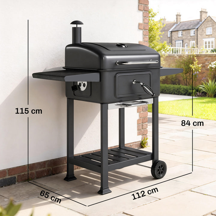 Kulgrill BBQ-ryger med låg, termometer, højdejusterbar kulpande, skorsten, grillrist, sidebord, askeskuffe