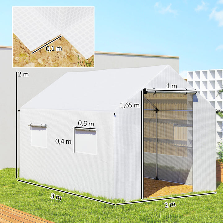 Drivhus 3 x 2 x 2 m, myggenet, skråtag, 4 vinduer, hvidt