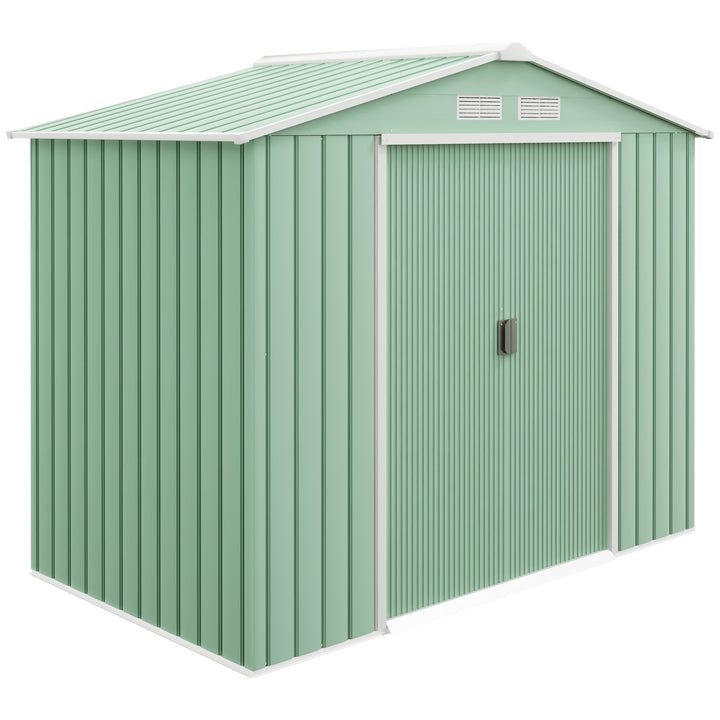 Haveskur, 2 skydedøre, ventilationsvindue, bundramme, rustfrit stål, lysegrøn, 2,13 x 1,30 x 1,85 m