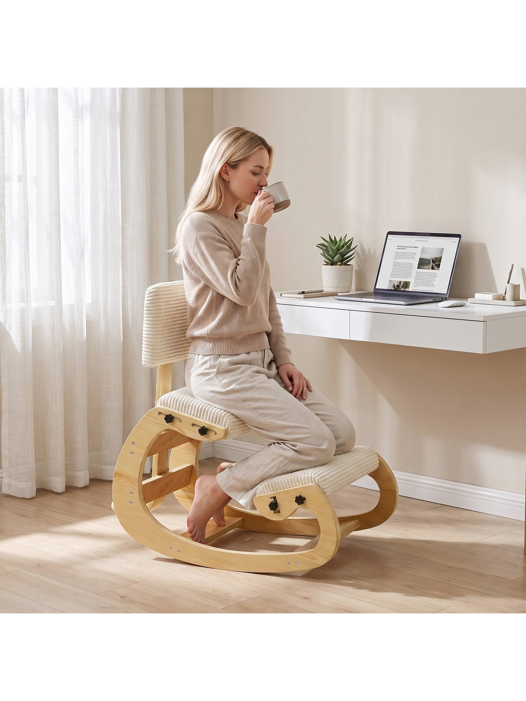 Ergonomisk knælestol med ryglæn, corduroy-look, cremehvid