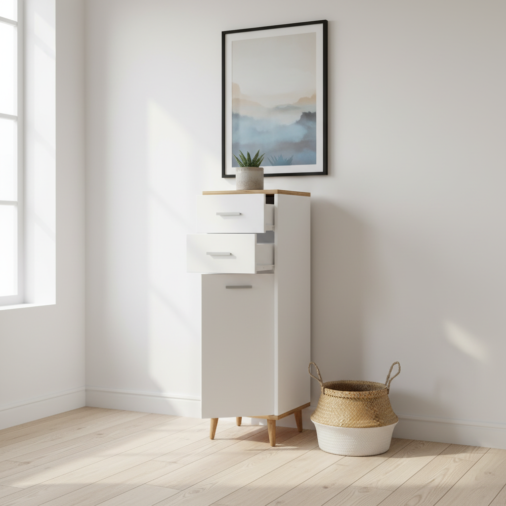 Kommode med 2 skuffer og svingdør, 97x32x28 cm, hvid