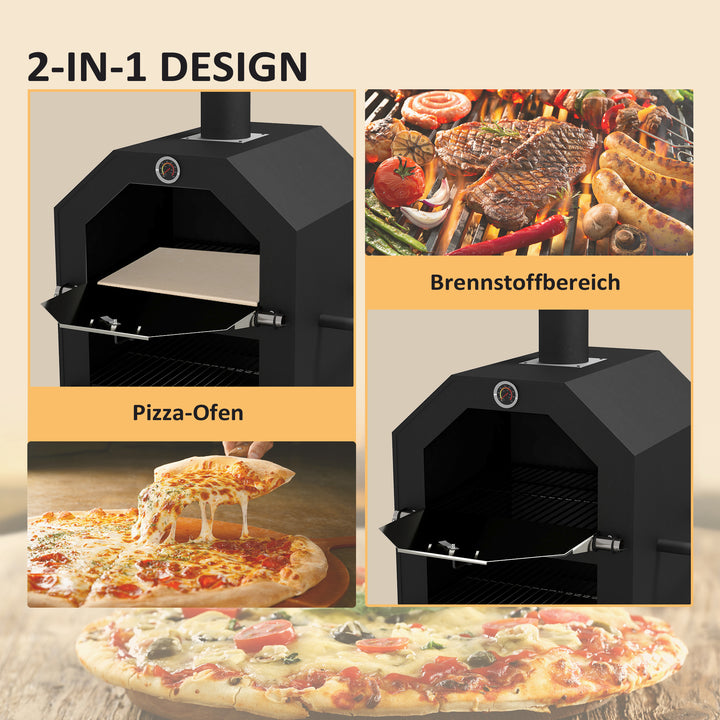 2-i-1 udendørs pizzaovn, med pizzasten, askebæger, 2 grillriste, termometer, rustfri, sort