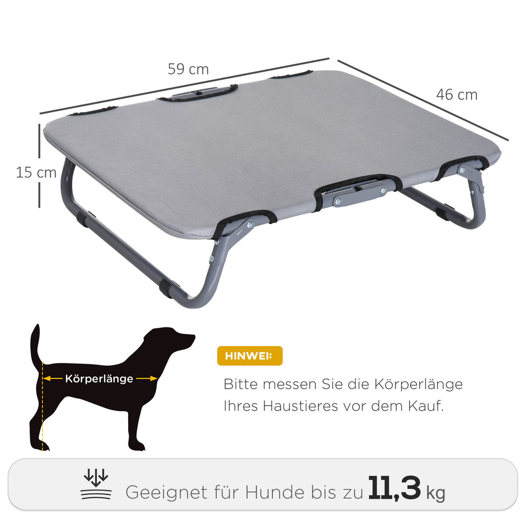 Udendørs hundeseng, foldbar, hævet hundeseng til små hunde, kølende kæledyrsseng med stålramme, kæledyrsseng til udendørs camping, 59 x 46 x 15 cm, grå