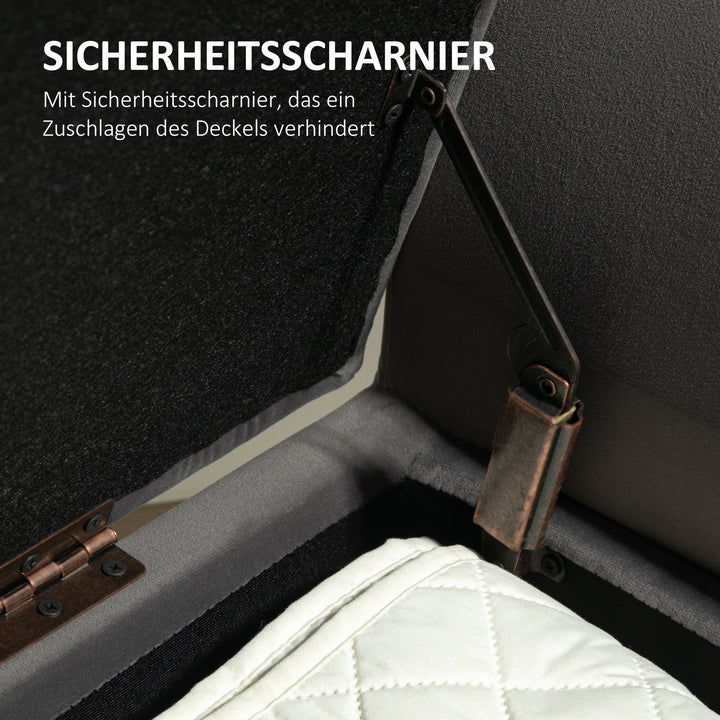 Polstret bænk med opbevaringsplads, kommodebænk med armlæn, 46 cm sædehøjde, fløjlspolyester, 111,5 x 41 x 65 cm, mørkegrå