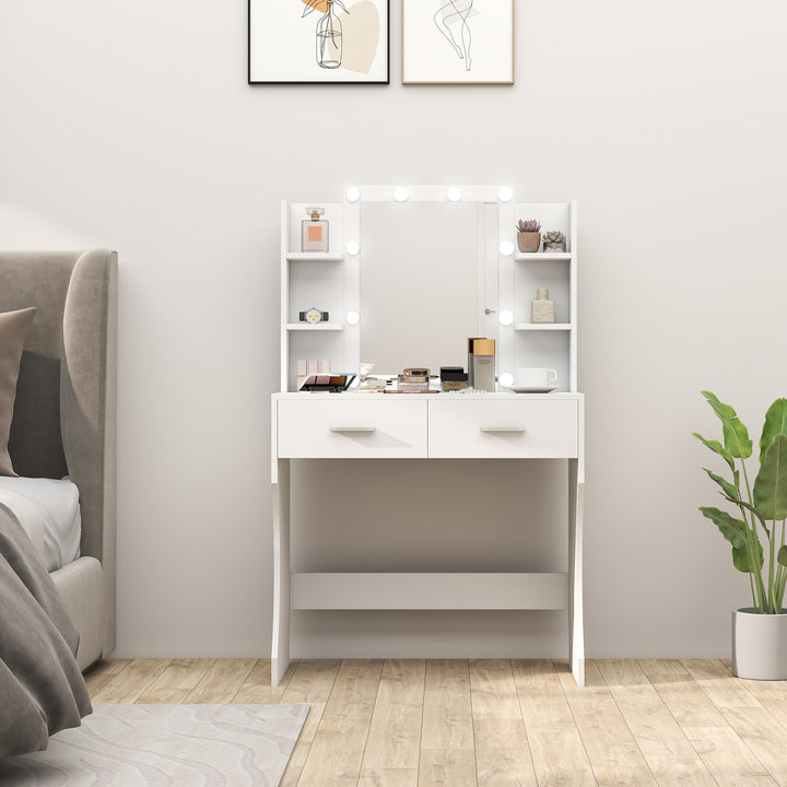 Toiletbord med spejl og dæmpbare led-lys, skuffer, hylder, hvid