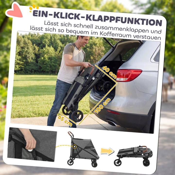 Sammenklappelig hundevogn/klapvogn til store hunde op til 30 kg med 360° drejelige hjul, netvindue, hynde, justerbart håndtag, grå