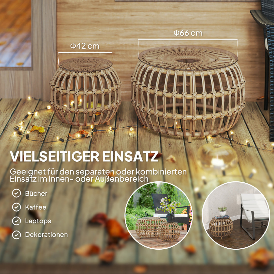 Sæt med 2 sideborde, polyrattan, Ø66/42 cm, rundt, vejrbestandigt, havebord med glasplade, brunt