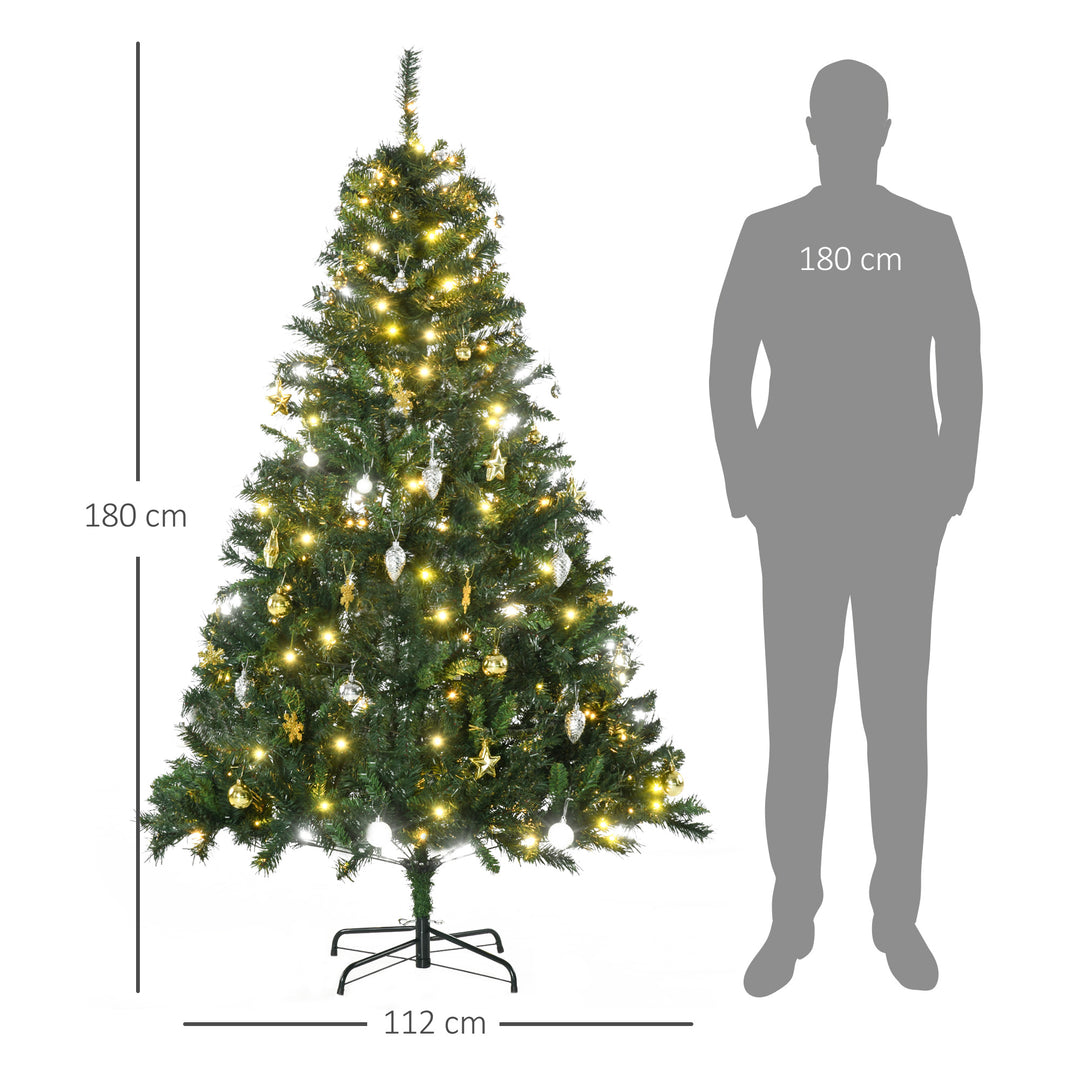 Kunstigt juletræ 180 cm, kunstigt grantræ med LED-belysning, kugler, juletræ med 745 spidser, juledekoration inklusive metalfod til indendørs brug