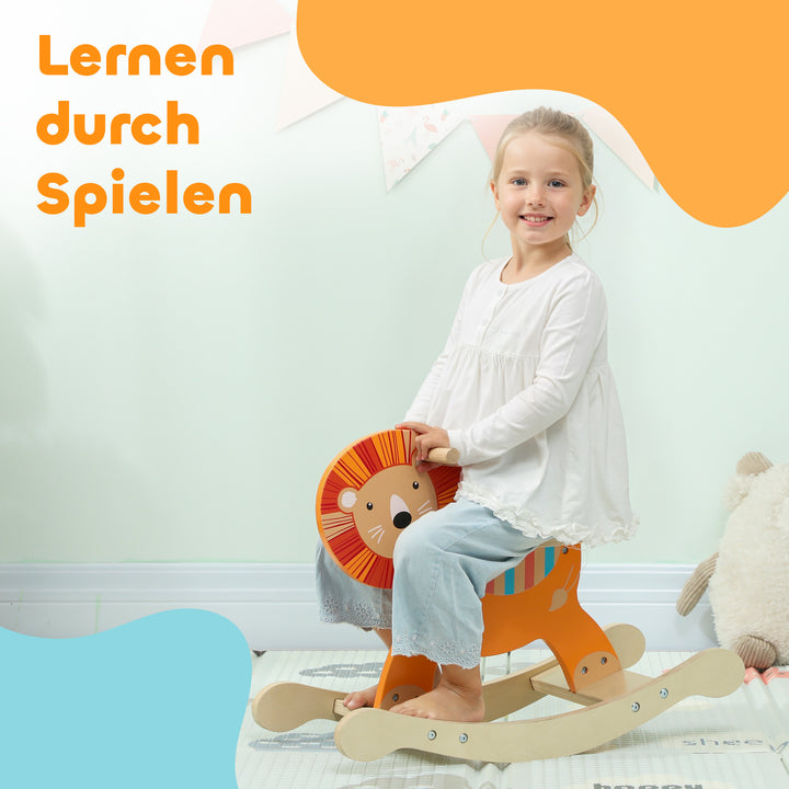 Gyngehest med løvedesign, 25 kg vægtkapacitet, 2-5 år, træ, orange