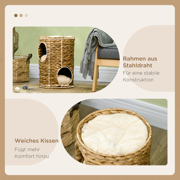 Kradsetønde, 47 cm, 2 huler, pude, kradsetræ med katteseng, vandhyacint kattetårn, lysebrun