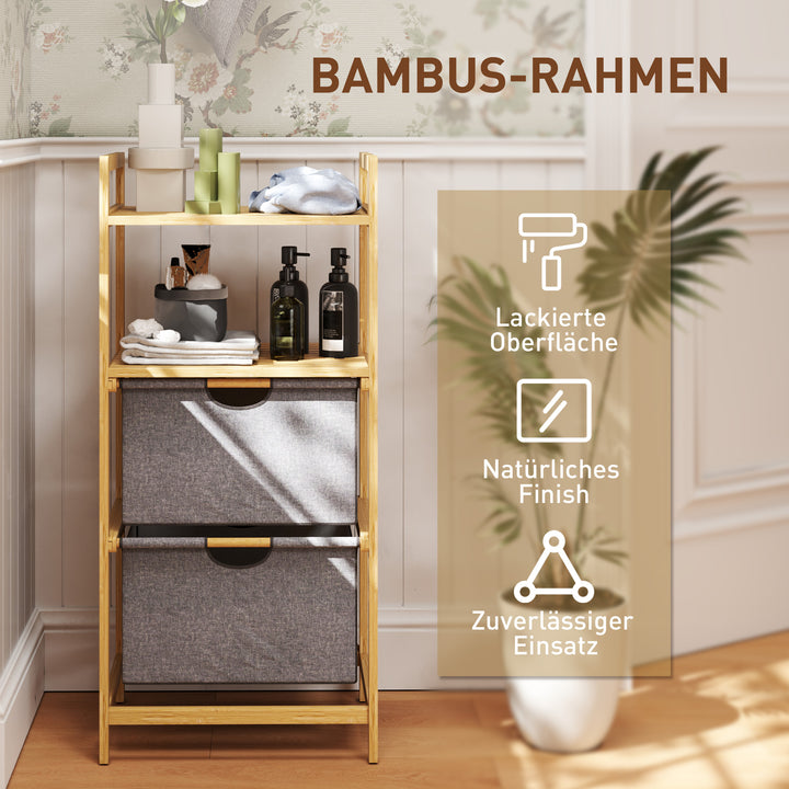 Bambus vasketøjsstativ med 2 stofkurve, åbne hylder, pladsbesparende, naturtræ