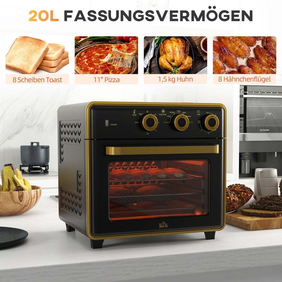 Miniovn, 20 liter, oliefri stegning, grillning, bagning, konvektion, 90-230° c, timer, 1400w, sort+guld