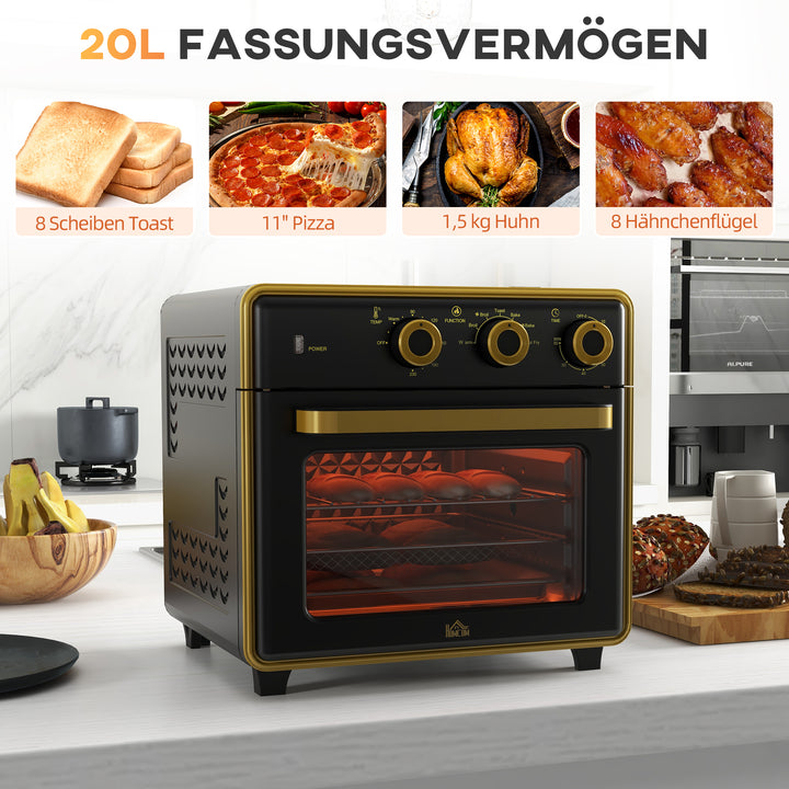 Miniovn, 20 liter, oliefri stegning, grillning, bagning, konvektion, 90-230° c, timer, 1400w, sort+guld