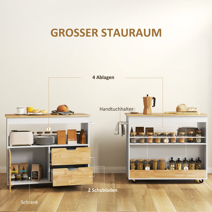 Køkkenvogn, køkkenø med rullende skab og bordplade, hvid