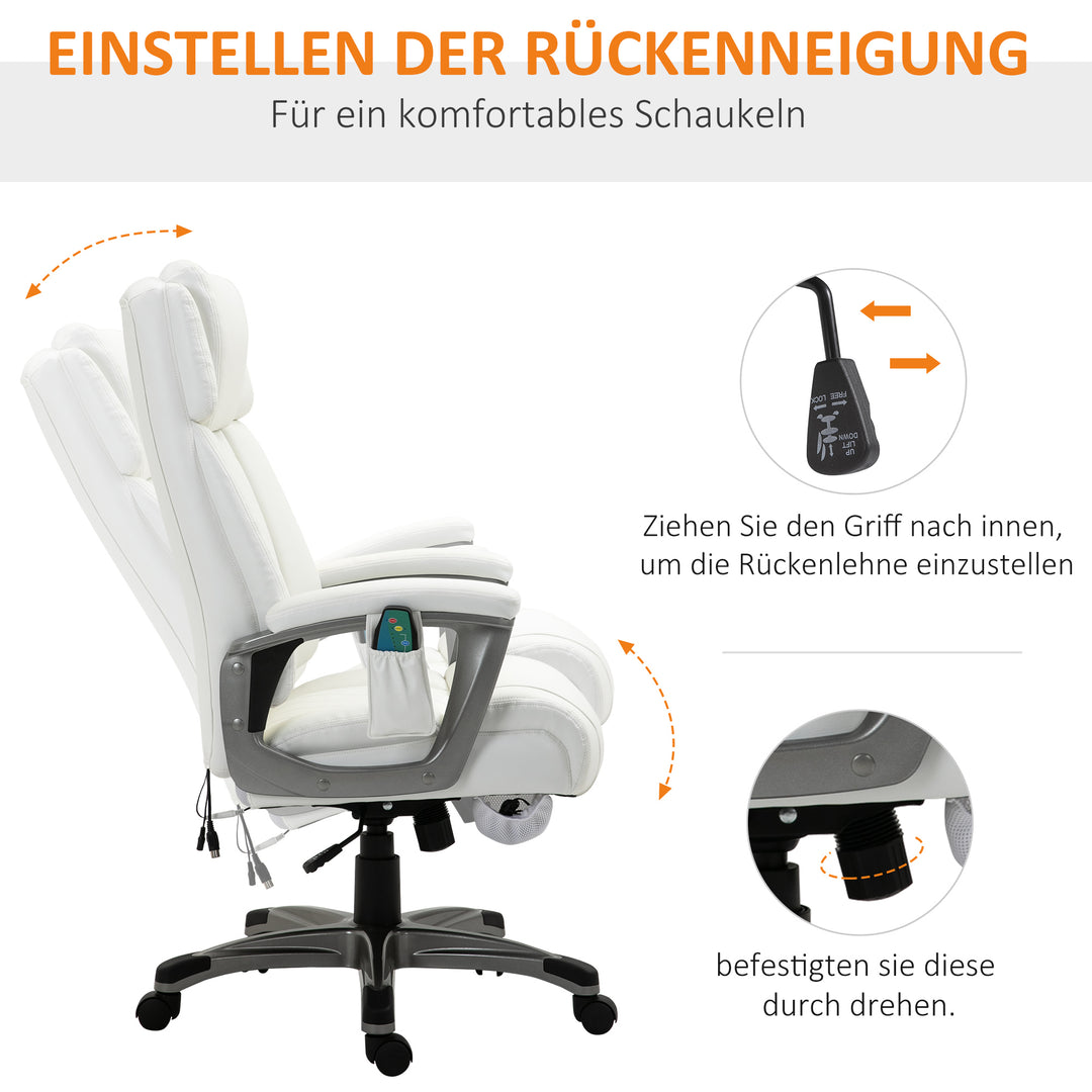Massage kontorstol 6-punkts massage drejestol ergonomisk stol justerbar kunstlæder med buet nakkestøtte og armlæn hvid 70 x 76,5 x 114-124 cm