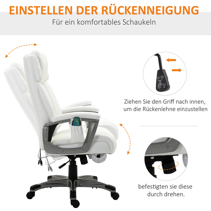 Massage kontorstol 6-punkts massage drejestol ergonomisk stol justerbar kunstlæder med buet nakkestøtte og armlæn hvid 70 x 76,5 x 114-124 cm