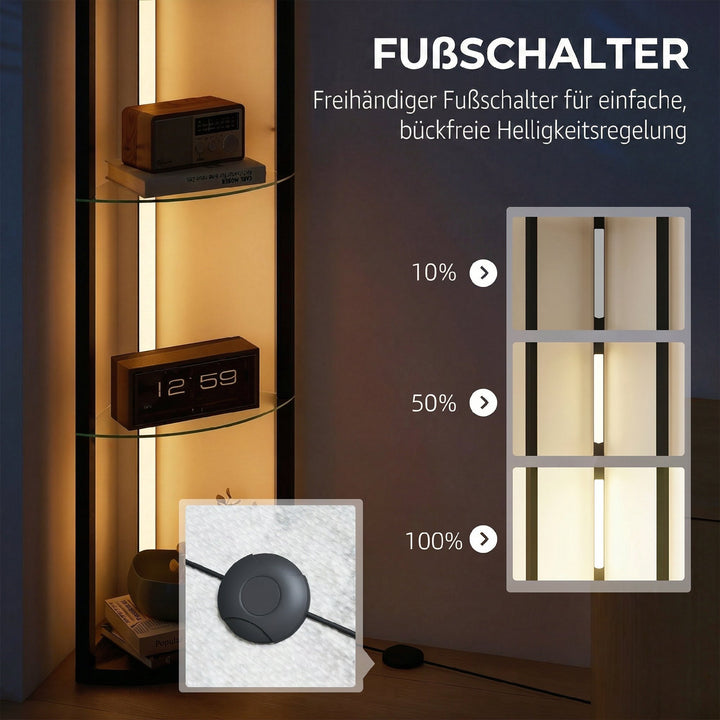 LED-gulvlampe med glashylde, gulvlampe med 3 lysstyrkeniveauer, fodkontakt til stue, soveværelse, sort