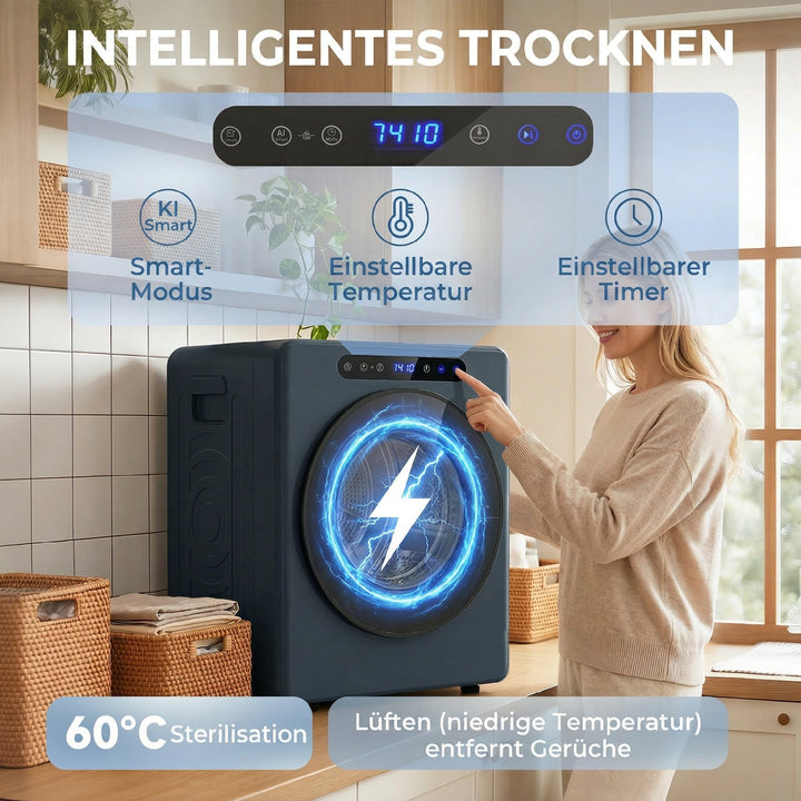5 kg udluftet tørretumbler, 1000W kompakt fritstående frontbetjent tørretumbler med tromle i rustfrit stål, timer, blå