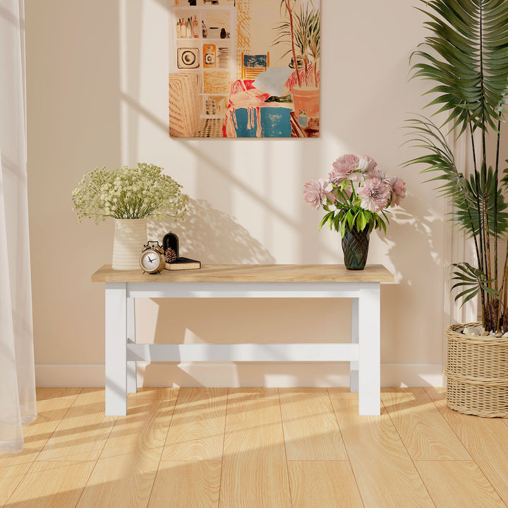 Bænk til 2 personer, træbænk i egetræslook, stabiliserende tværstang, til stue, spisestue, entre, gummitræ, hvid