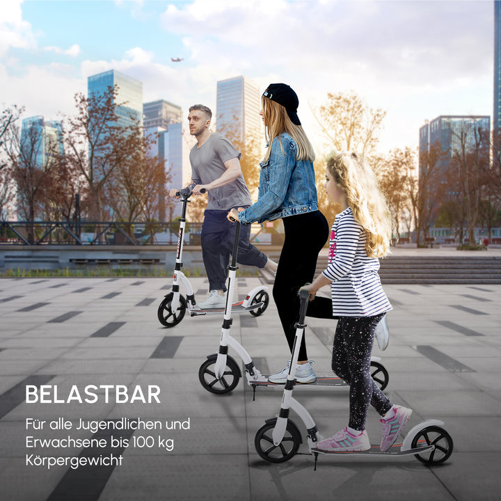 Børneløbehjul, løbehjul med støddæmpning, sammenklappelig og højdejusterbar, fra 14 år, aluminium, hvid, 92,5 x 37,5 x 82-97 cm