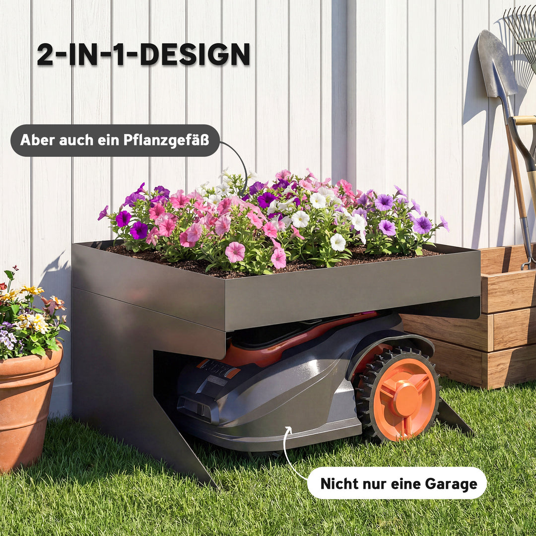 Robotplæneklippergarage, stål, 75 x 70 x 46 cm, med plantekasse, sort