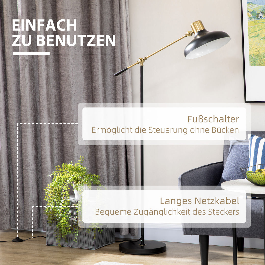 Industriel gulvlampe, emalje, fleksibel stel, fodkontakt, sort + guld