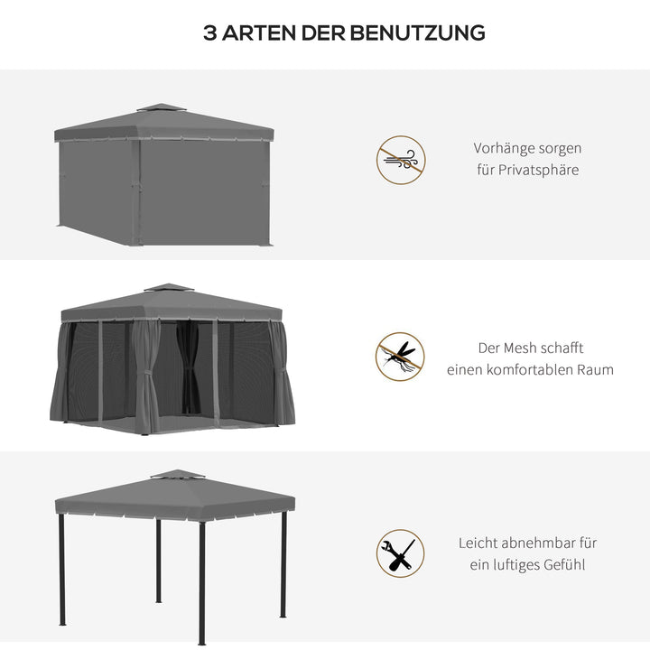 Havepavillon, 2,96 x 2,96 m, havetelt med dobbelttag, partytelt, festtelt med 4 sidepaneler, myggenet, vejrbestandig, aluminium, polyester, mørkegrå