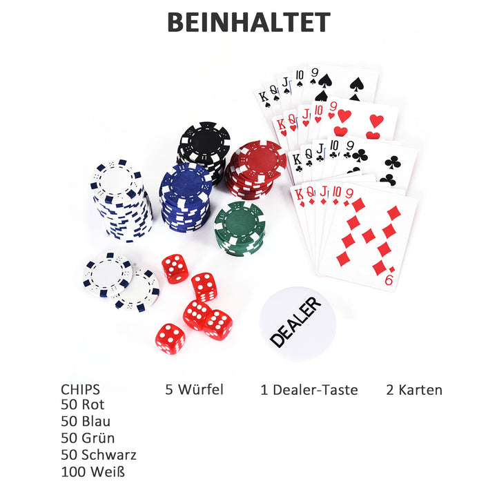 Pokerkasse låsbart pokersæt med etui 300 chips 5 terninger 2 kortspil tilbehør, pokerchips komplet sæt pokerspil kortspil aluminium etui til texas hold'em, blackjack