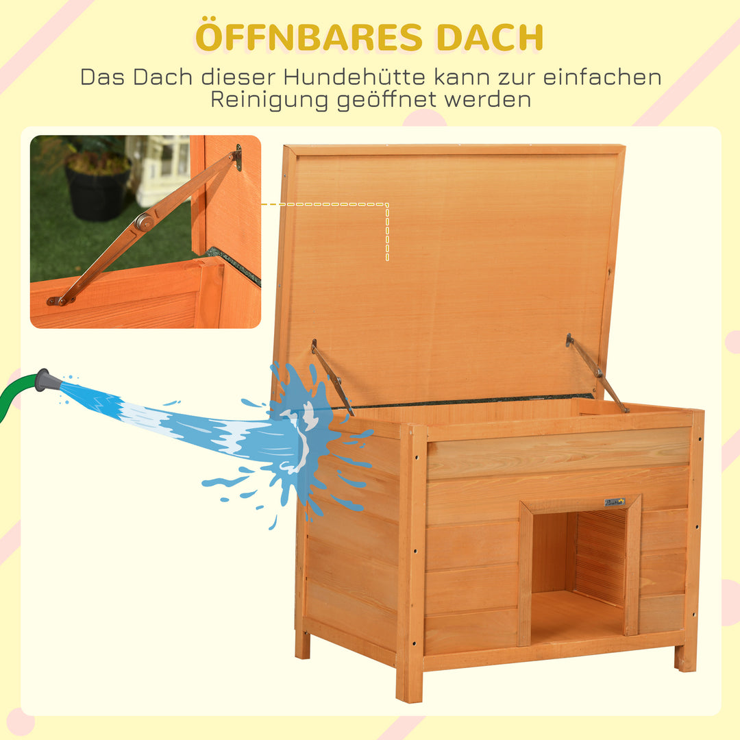 Udendørs hundehus, træhundehus med hængslet asfalttag, vandtæt hundehule med hævet gulv, hus til små hunde, gul, 82 x 58 x 58 cm