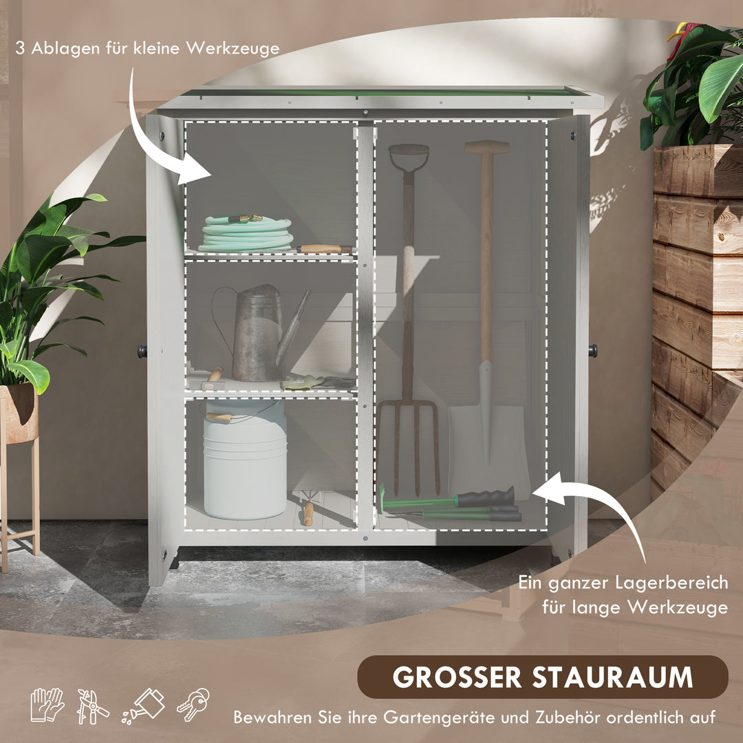 Træværktøjsskab med 2 døre, værktøjsskur med asfalttag, 110 x 55 x 117 cm, lysegrå