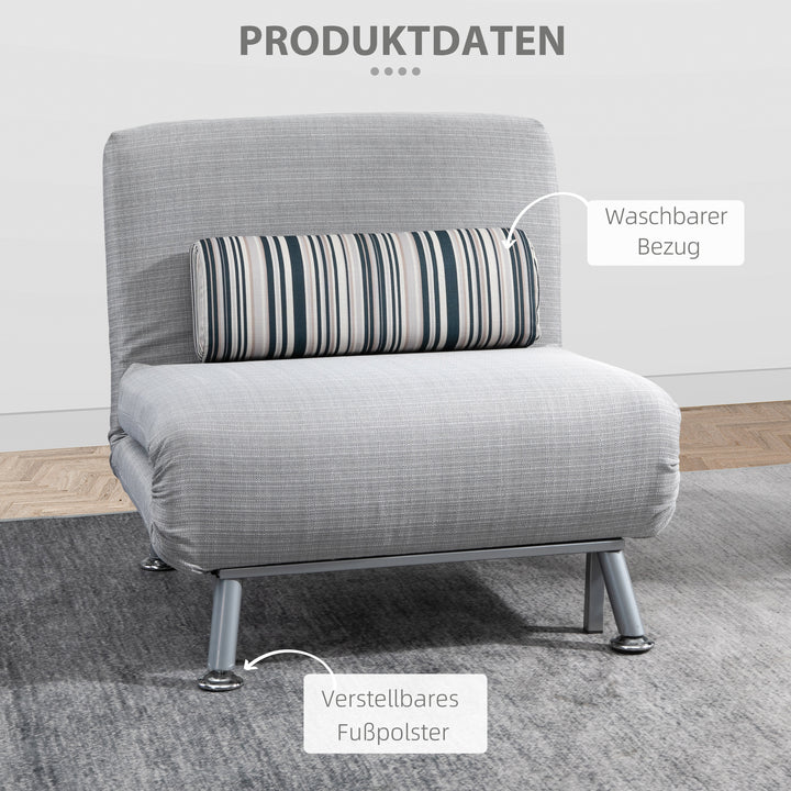 Klapstol med sengefunktion, foldbar afslapningsstol i linnedlook, justerbar ryglæn, 75 x 70 x 75 cm, grå