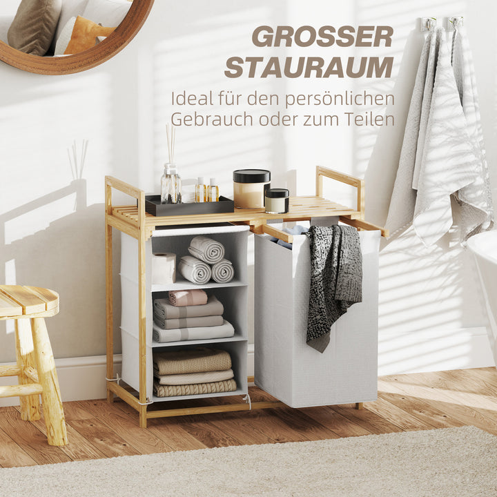 Vasketøjskurv med vasketøjspose, stofskuffe, bambus, 70x36x70 cm, hvid/træ