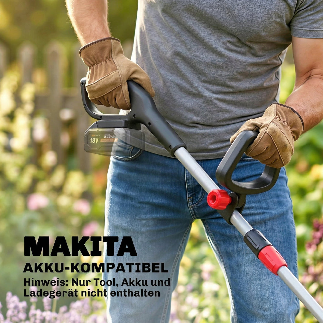 Batteridrevet plænetrimmer/buskrydder med 30 cm klippebredde, justerbart håndtag, vipbart motorhoved til have og gårdsplads, sølv