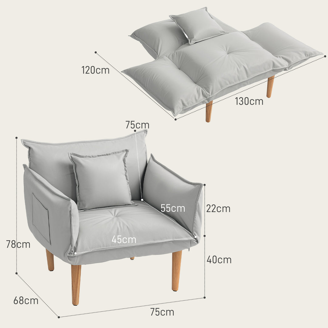 2-I-1 justerbar lænestol, gulvstol med hynde, polstret stol, til stue, soveværelse, lysegrå