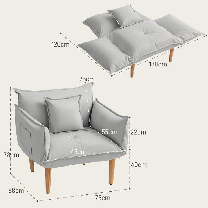 2-I-1 justerbar lænestol, gulvstol med hynde, polstret stol, til stue, soveværelse, lysegrå