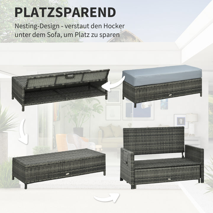 Havesofa med lænefunktion, udtrækkelig fodskammel med opbevaringsplads, sædehynde, grå, 130 x 72 x 96 cm