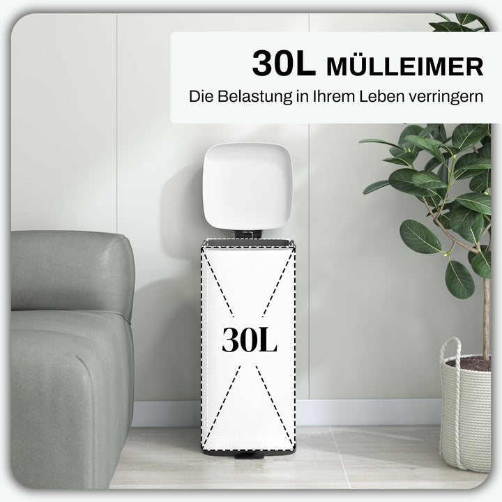 30L affaldsbeholder, soft-close låg, fingeraftrykssikker, fodpedal, metal/plast, 28x35x63,5 cm, hvid