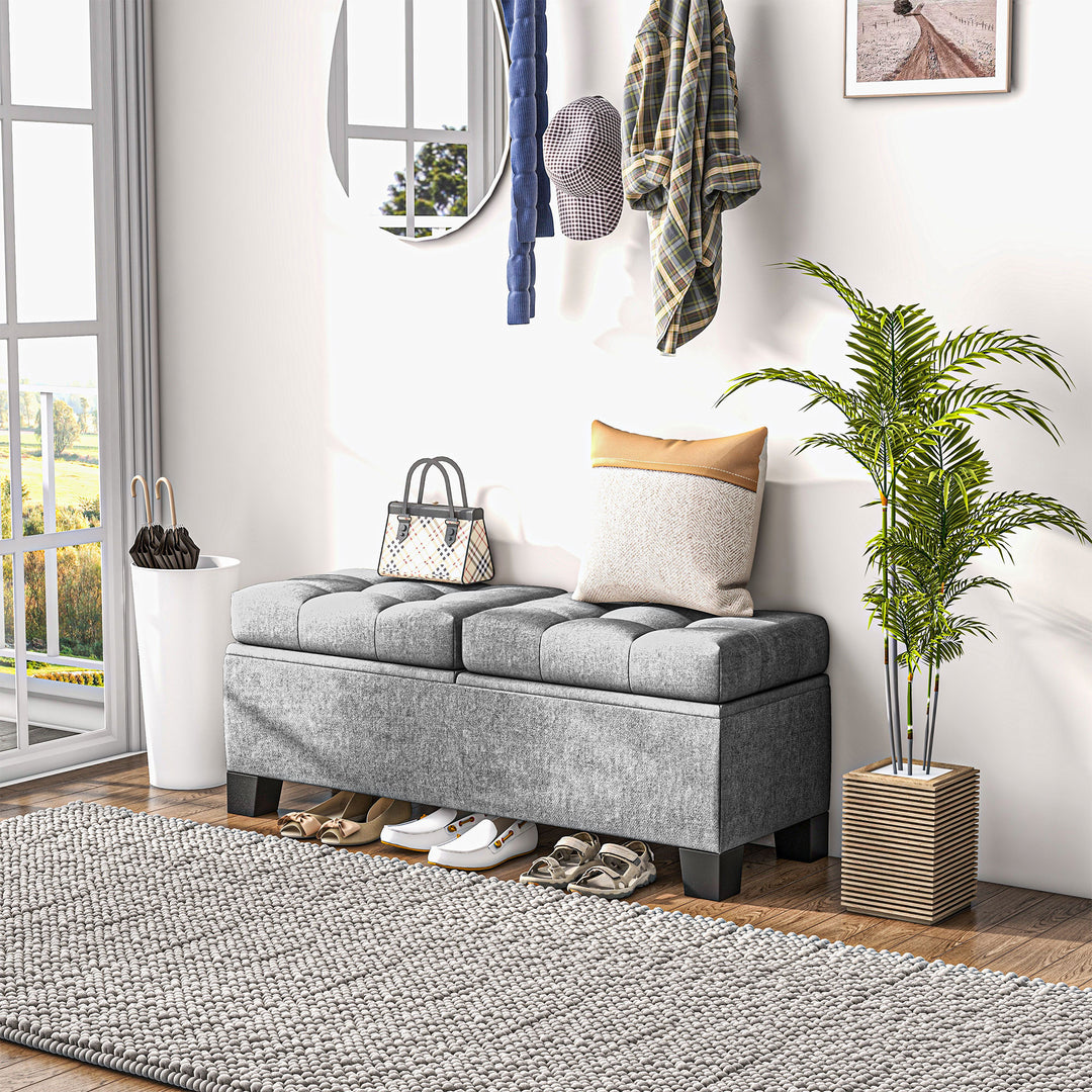 Opbevaringsbænk, polstret bænk med linnedlook, polstret opbevaringsboks, lasteevne op til 180 kg, til entré, soveværelse, stue, 116x41x47 cm, grå