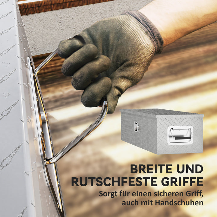 Robust opbevaringskasse i aluminium med sidehåndtag, lås og nøgler, værktøjskasse, 99 x 33 x 25,5 cm