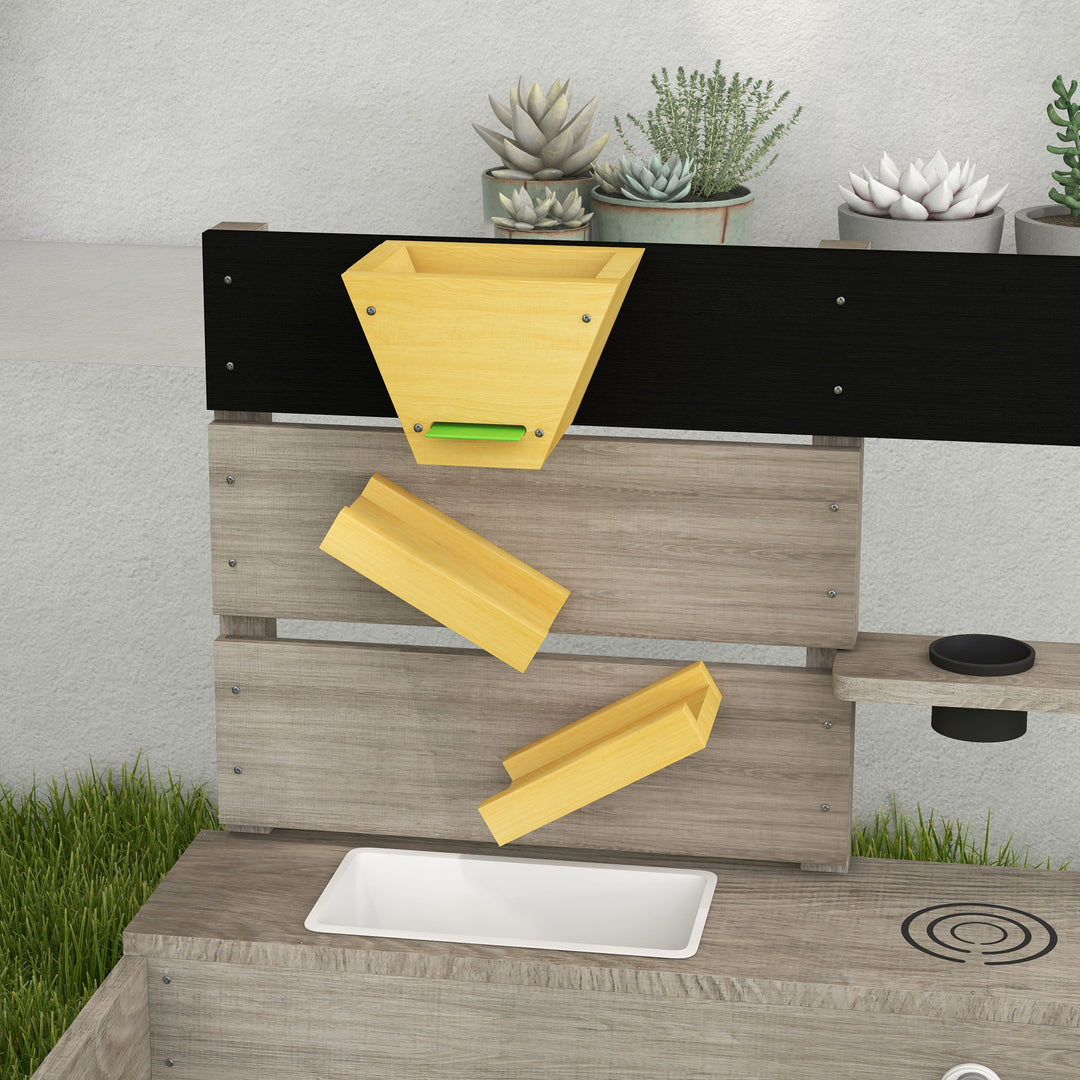 Sandkasse med vandstation, 2 plantekasser, behandlet massivt træ, 154 x 80 x 60 cm, grå