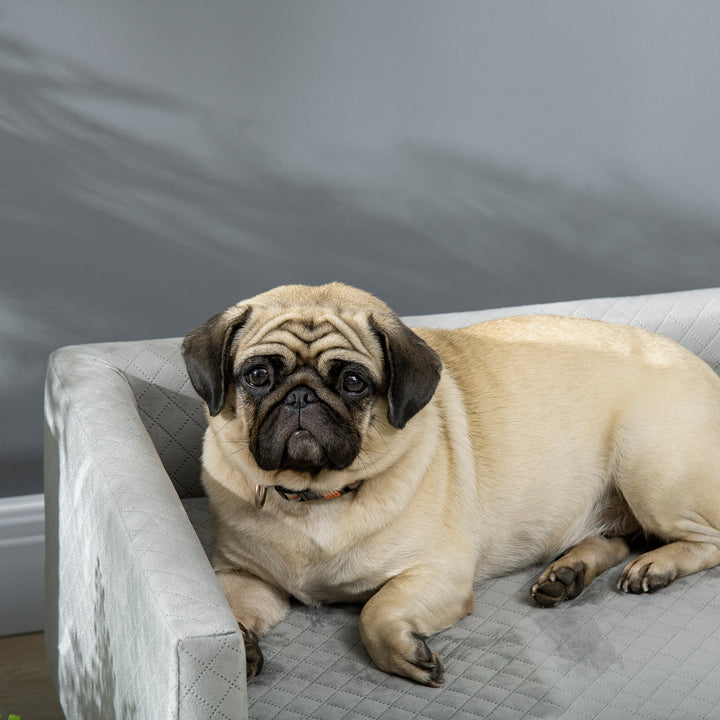 Hundesofa med træben, hundeseng, kæledyrssofa, hundemåtte til små hunde op til 8 kg, fløjlsagtig, grå, 64 x 45 x 36 cm