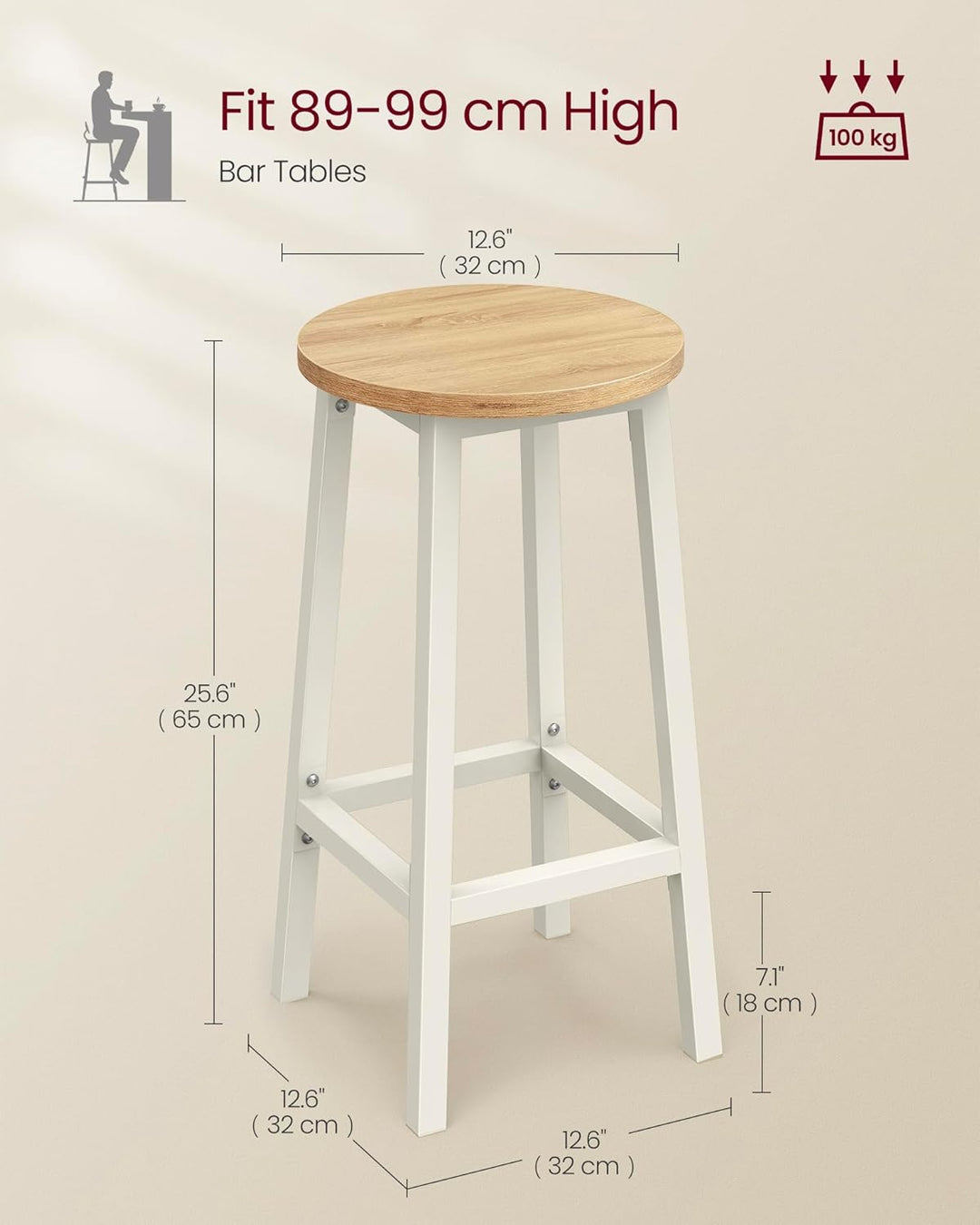 Barstole sæt med 2 stk., i klassisk beige og hvid, med metalstel og fodstøtte, mål 32 x 32 x 65 cm