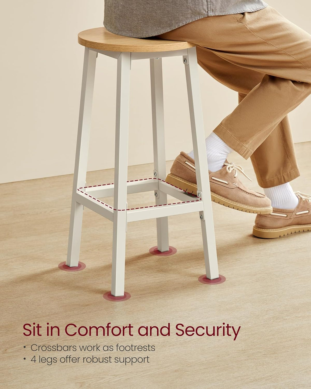 Barstole sæt med 2 stk., i klassisk beige og hvid, med metalstel og fodstøtte, mål 32 x 32 x 65 cm