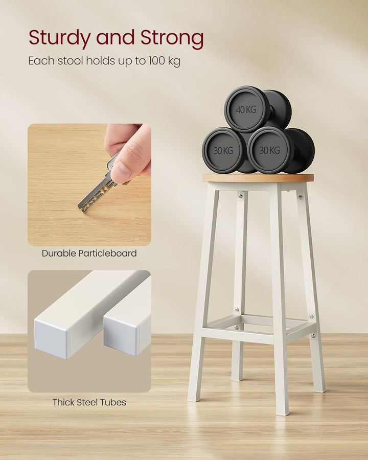 Barstole sæt med 2 stk., i klassisk beige og hvid, med metalstel og fodstøtte, mål 32 x 32 x 65 cm