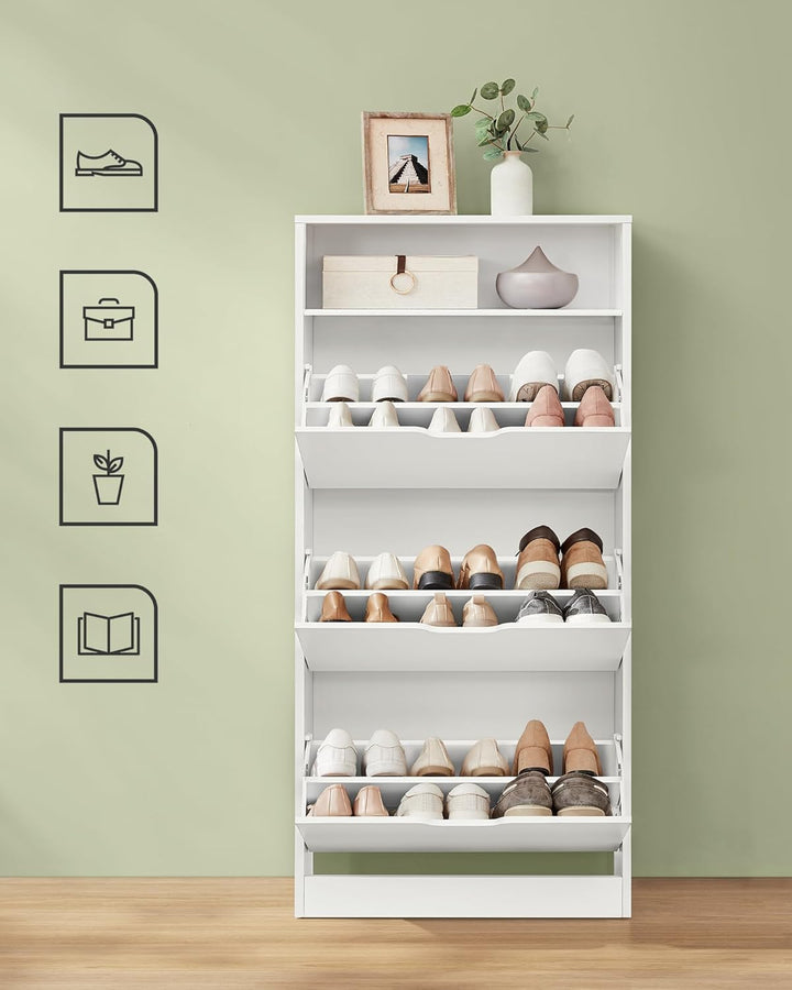 Skoskab med 3 hængslede døre, skoholder, åbent rum, justerbar skillevæg, plads til 14 til 18 par sko, til lille entré, 24 x 60 x 139 cm, hvid