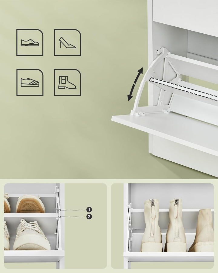Skoskab med 3 hængslede døre, skoholder, åbent rum, justerbar skillevæg, plads til 14 til 18 par sko, til lille entré, 24 x 60 x 139 cm, hvid