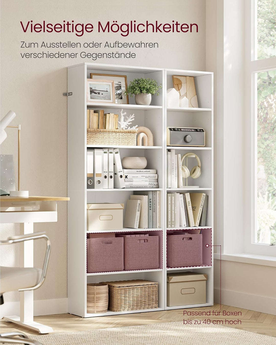 6-lags bogreol i skandinavisk design, hvid, lavet af spånplade, mål 24 x 60 x 178,5 cm